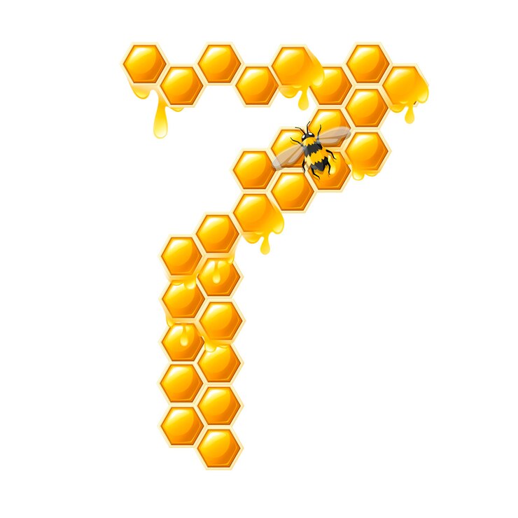 Vector panal número 7 con gotas de miel y abeja estilo de dibujos animados diseño de alimentos ilustración vectorial plana aislada sobre fondo blanco.