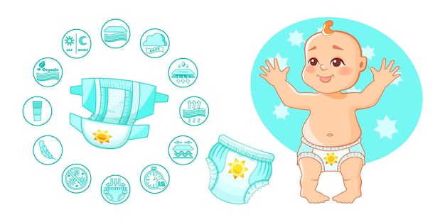 Vector pañales absorbentes para bebés abiertos, pantalones para niños con características de insignias en infografía protección e higiene del niño pequeño personaje lindo niño de pie en pañales ilustración vectorial