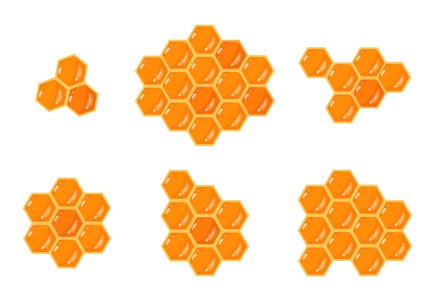 Panales de miel de dibujos animados panales hexagonales geométricos de miel dulce colección de ilustraciones vectoriales planas de apicultura y apiario panales poligonales con miel