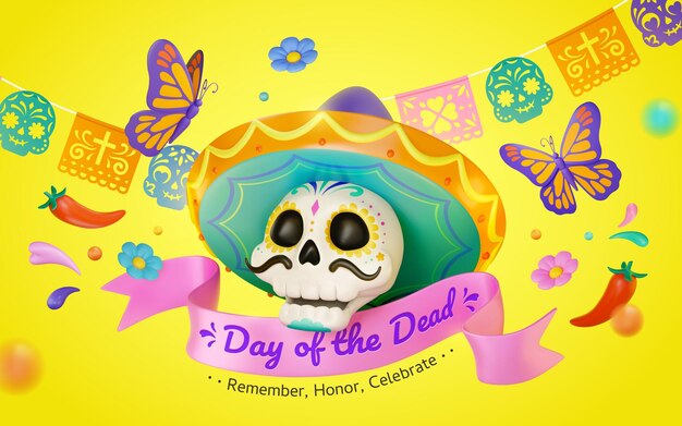 Vector la pancarta amarilla en 3d del día de los muertos