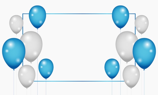 una pancarta azul y blanca con globos azules y un espacio en blanco para su texto