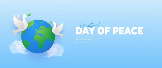 Vector pancarta azul del día internacional de la paz con elementos de hoja de paloma y nube