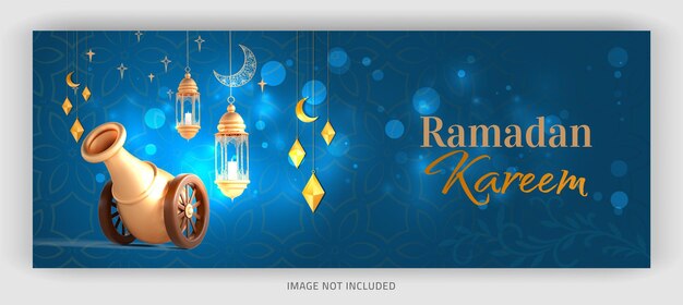 Una pancarta azul con ramadan kareem y las palabras ramadan kareem en ella.