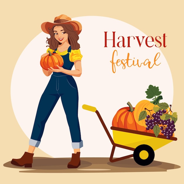 Pancarta brillante para el festival de la cosecha agricultora con una calabaza y una carretilla