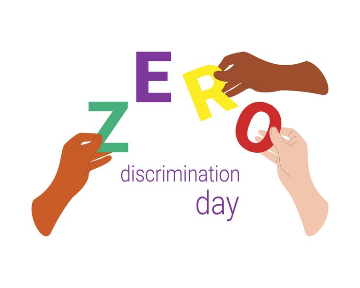 Vector pancarta cero discriminación día 1 de marzo. manos de un grupo diverso de personas juntándose.