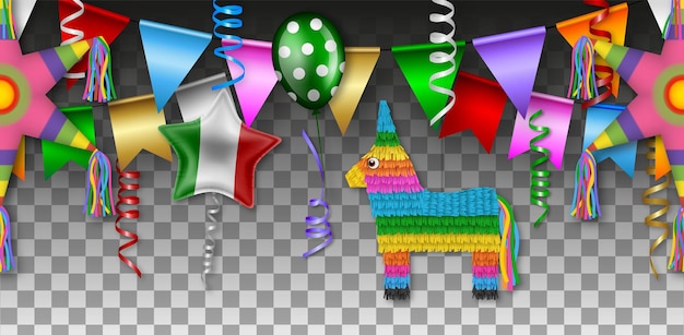 Vector pancarta del cinco de mayo con piñatas, serpentinas, banderines y globos