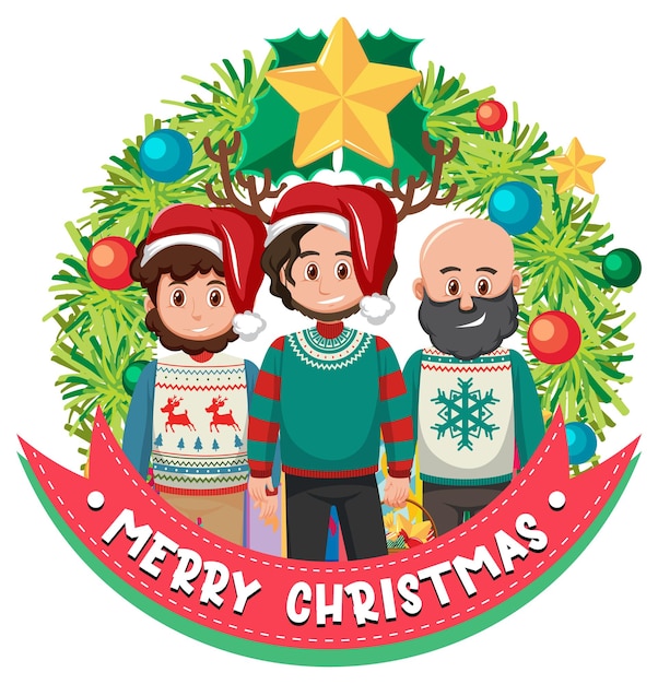Pancarta de corona navideña con personas vestidas con atuendos navideños