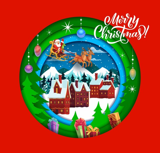 Pancarta de corte de papel navideño, caricatura de Papá Noel en trineo en la ciudad de invierno, tarjeta de felicitación navideña vectorial. Feliz Navidad, capas recortadas de papel con Santa volando en trineo en el cielo con renos y regalos