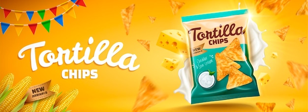 Pancarta de deliciosos chips de tortilla con queso volador y galletas