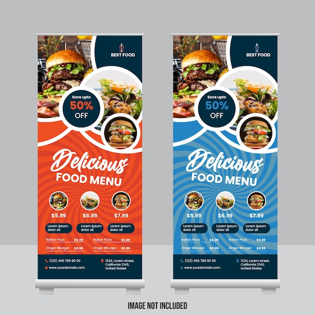 Pancarta enrollable para alimentos y restaurantes o pancarta de pie o plantilla de diseño X-Banner