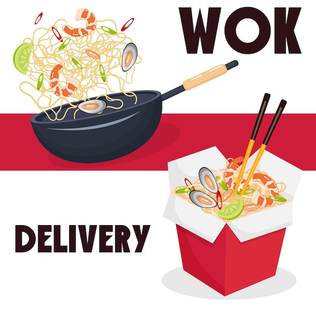 Pancarta de entrega de wok de fideos chinos, afiche, plantilla de redes sociales.