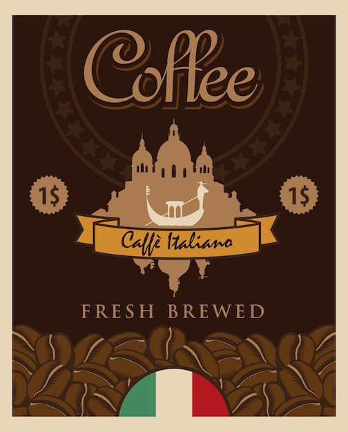 Vector pancarta con granos de café y vista de venecia