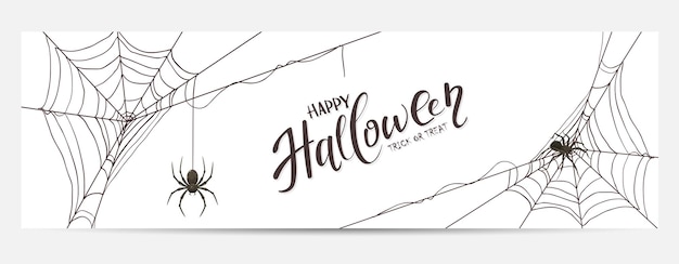 Vector pancarta de halloween con arañas negras y telarañas aisladas en fondo blanco la ilustración aterradora se puede usar para invitaciones y pancartas de tarjetas de diseño de vacaciones para niños