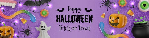 pancarta de halloween con calabazas dulces y luces
