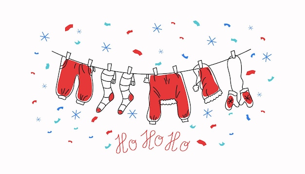 Una pancarta de invierno divertida Ho Ho Ho con letras, ropa de Papá Noel, copos de nieve, confeti, garabateo de Navidad y Año Nuevo.
