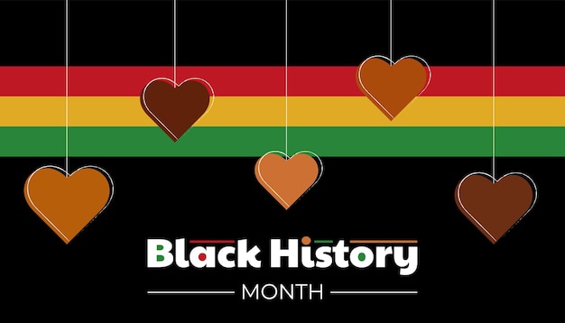 Pancarta del mes de la historia negra con corazones de color piel negra y rayas con colores de la bandera de áfrica