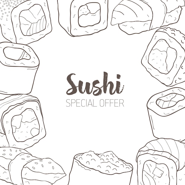 La pancarta monocromática con marco consistía en diferentes tipos de sushi japonés y rollos dibujados a mano con líneas de contorno.