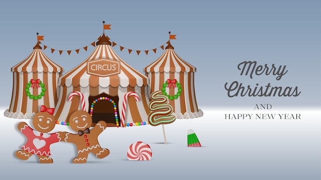 pancarta de navidad con galletas de pan de jengibre 3D y caramelos feliz fondo de navidad