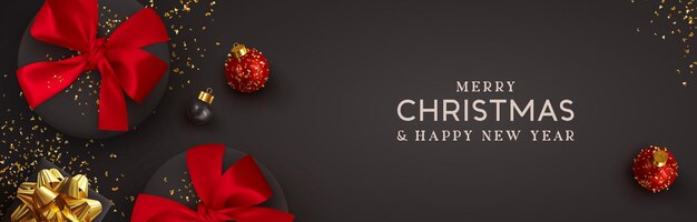 pancarta navideña. Diseño de Navidad de fondo de caja de regalo negra realista con lazo rojo, bola de adorno 3d y confeti dorado brillante. Afiche navideño horizontal, tarjeta de felicitación, encabezados para sitio web