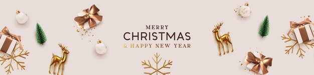 pancarta navideña. Diseño de Navidad de fondo de caja de regalos realista, ciervo de metal dorado, pino de árbol decorativo, bola blanca, copo de nieve dorado. Encabezado de Navidad horizontal para plantilla de sitio web, vista superior plana.