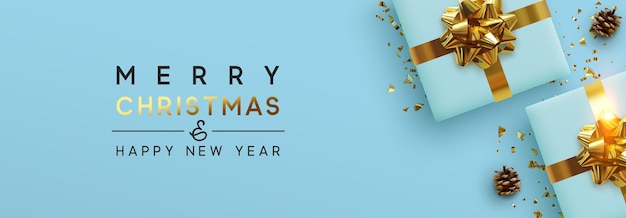 pancarta navideña. Diseño de Navidad de fondo, caja de regalos realista, cono de pino marrón, confeti de oro brillante de rama de pino. Afiche navideño horizontal, tarjetas de felicitación, encabezado para sitio web. ilustración vectorial