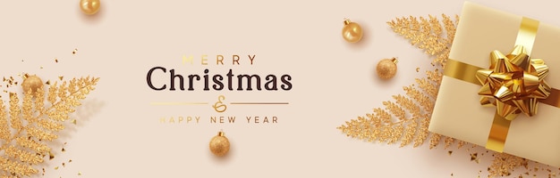 pancarta navideña. Diseño de Navidad de fondo de caja de regalos de renderizado 3d azul realista, ramas de helecho dorado, confeti dorado brillante, bola de adorno. Cartel horizontal de año nuevo, tarjeta de felicitación, encabezados para sitio web