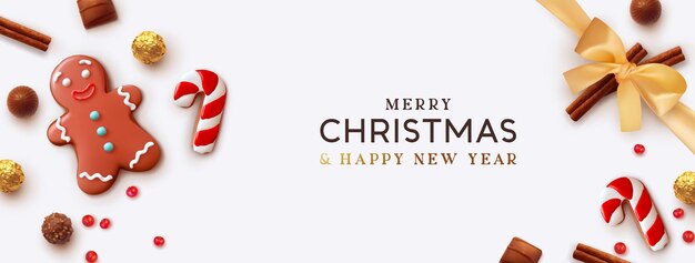 pancarta navideña. Diseño de Navidad de fondo de objetos comestibles dulces realistas, dulces de chocolate, hombre de pan de jengibre, caña roja y canela. Afiche horizontal de año nuevo, tarjeta de felicitación, encabezados para sitio web