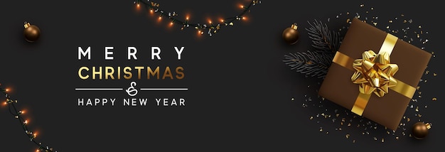 pancarta navideña. Diseño navideño de fondo de guirnaldas de luces brillantes, con caja de regalos realista, rama de pino y confeti dorado brillante. Afiche navideño horizontal, tarjetas de felicitación, encabezados, sitio web