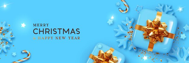 pancarta navideña. Fondo de Navidad con caja de regalos de diseño realista, copo de nieve dorado 3d y confeti dorado brillante, estrellas brillantes. Afiche navideño horizontal, tarjeta de felicitación, encabezados para sitio web