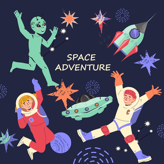 Pancarta o póster de aventura espacial para niños con personajes de dibujos animados
