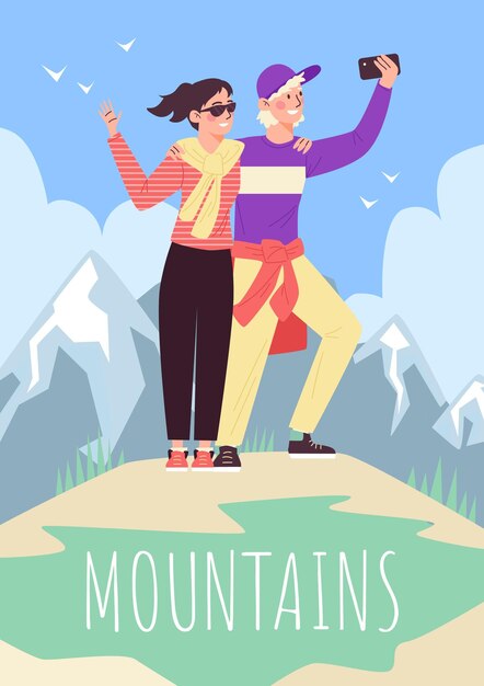 Pancarta o póster con una pareja que tiene aventuras en las montañas ilustración vectorial plana montañismo y escalada plantilla de pancarta publicitaria con turistas tomando selfie