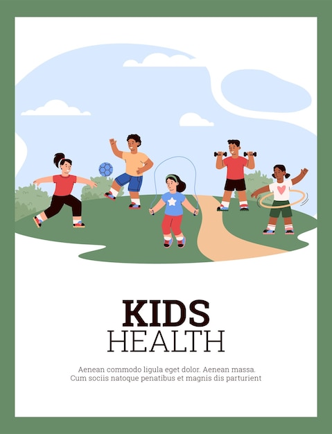 Pancarta o póster de salud infantil con niños haciendo deportes ilustración vectorial plana