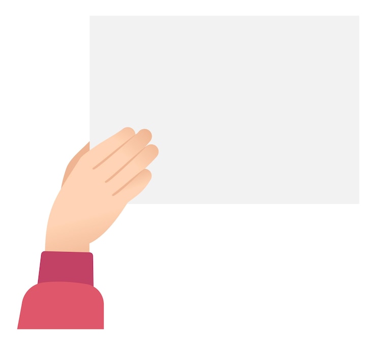 Vector una pancarta de papel en blanco en manos humanas un cartel vacío aislado sobre un fondo blanco