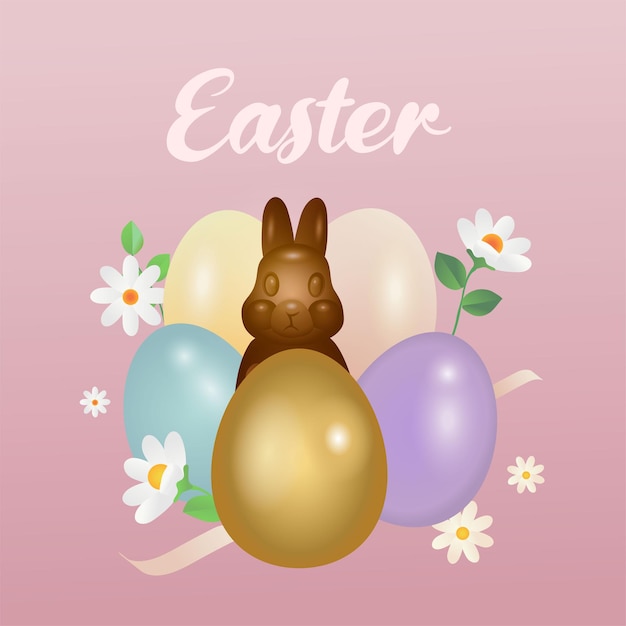 Vector pancarta de pascua con conejos de chocolate, flores de primavera y hermosos huevos pintados.