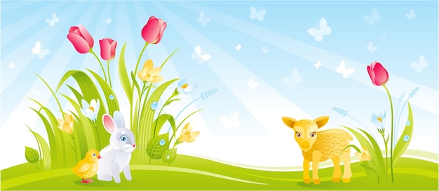 Pancarta de Pascua con lindos animales bebés - bynny, cordero, pollito. Lindo paisaje de vector de primavera con tulipanes