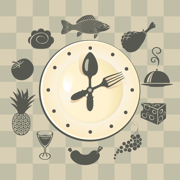 Vector pancarta con reloj y diferentes platos