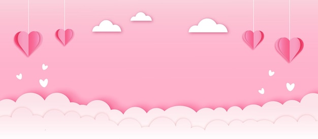 Pancarta rosa, fondo o postal con elementos voladores cortados en papel para el Día de San Valentín