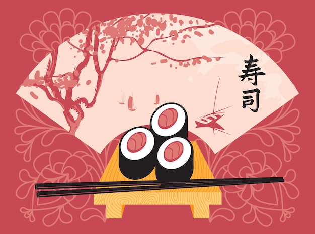 pancarta con sushi en bandeja y paisaje asiático