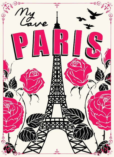 Vector pancarta con la torre eiffel y rosas carmesí