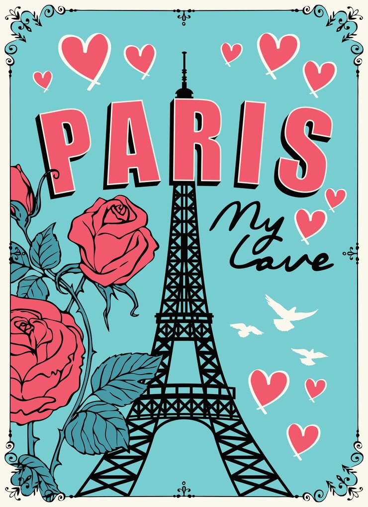 Vector pancarta con la torre eiffel y rosas
