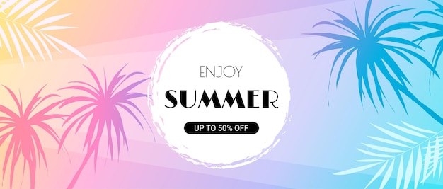 pancarta de venta horizontal de verano plantilla de póster de promoción de compras con siluetas retro de palmeras tropicales colores de gradiente rosa y azul decoración de vacaciones en la playa abstracta ilustración vectorial