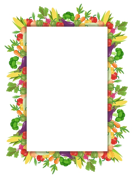 Una pancarta vertical con un marco rodeado de verduras frescas con espacio para el texto