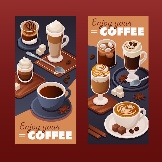 Las pancartas de café en vista isométrica