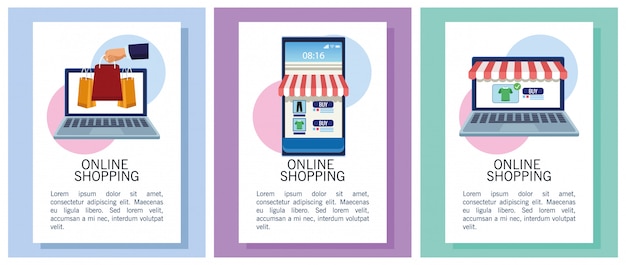 Pancartas comprando en línea con computadoras portátiles e ilustración de teléfonos inteligentes