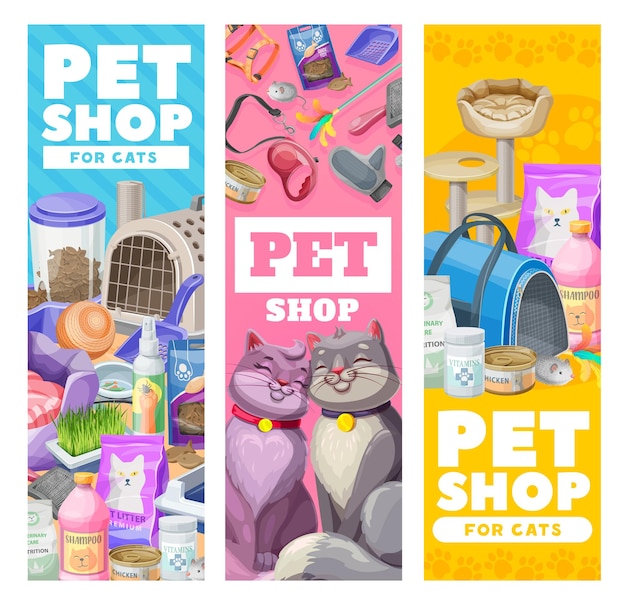 Pancartas para el cuidado de mascotas, artículos para el cuidado de gatos y juguetes. productos de la tienda del zoológico de vector para gatos y gatitos. equipo para alimentación de animales domésticos felinos, bolsa y pasto, correa con champú y tarjetas publicitarias de sacapuntas.