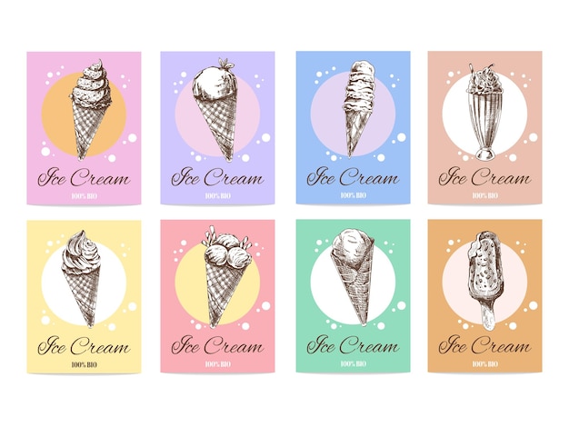 Vector pancartas dibujadas a mano con helado en estilo boceto ilustración de vector vintage