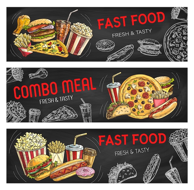 Pancartas de hamburguesas y sándwiches de bocetos de comida rápida