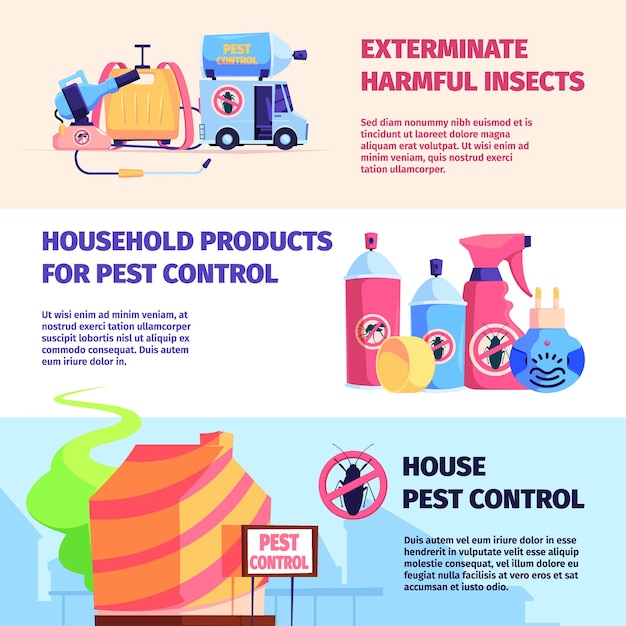 Pancartas de insectos nocivos Errores de peligro tóxico en los servicios de protección del aire interior con exterminadores profesionales plantilla vectorial llamativa para proyectos de diseños de anuncios impresos