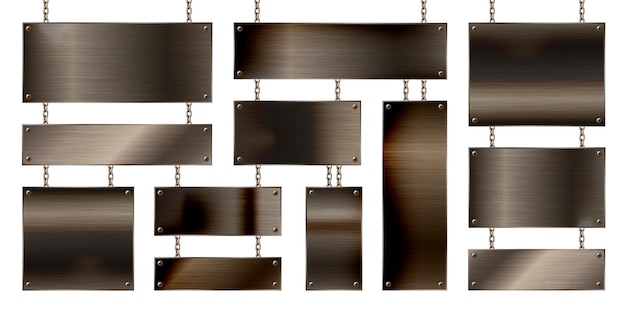 Pancartas metálicas colgadas de una cadena, placa de acero brillante realista con tornillos, metal oxidado pulido