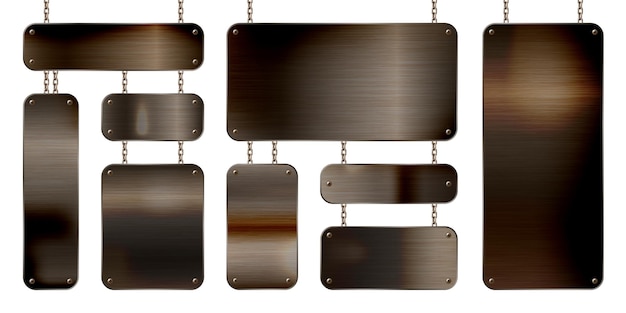 Pancartas metálicas colgadas de una cadena, placa de acero brillante realista con tornillos, metal oxidado pulido